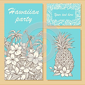 Invitation cards for a party in Hawaiian style with hand-drawn flowers, palm trees and pineapple