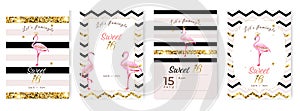 Invitation cards set template for celebrating 16th anniversary event party with flamingos, glitters and stars