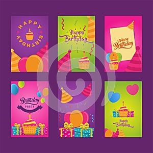 Invitation cards to the party. Banners with cake, balloons, gifts. Happy Birthday Set Collection greeting templates.