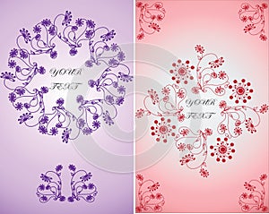 Invitation for celebration.Vector floral ornament in lilac and pink backgrounds.