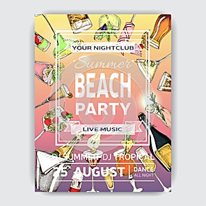 Invitation for coktail beach party. Illustration with cocktails sketches. Hand drawn pattern cocktails bar menu