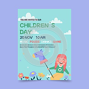 Invitation, flyer for a children\'s day party. Children girl riding a horse