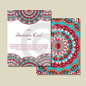 Invitation graphic card with mandala. Decorative ornament for card design wedding, bithday, party greeting. Vintage