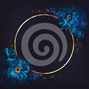 Blue Poppy flowers and golden texture circle frame. Digital painting
