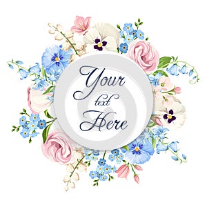 Invitation or greeting card with pink, blue and white flowers. Vector illustration.