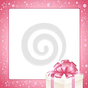 Invitation, Greeting or Gift card. Pink frame with gift box with pink bow. Template with place for text.