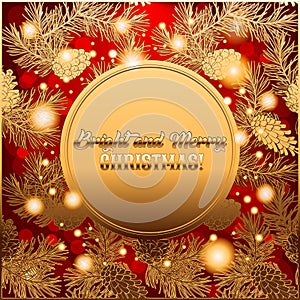 Invitation or greeting Merry Christmas card with glossing golden design of pine cones and conifer