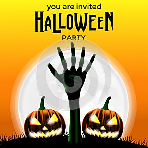Invitation halloween party banner poster with illustration of zombie corpse hand and pumpkin jack o lantern