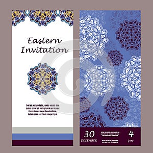 Invitation mandala design template. Graphic card with hand drawn ornament. Colorful eastern floral decor for greetings, wedding in