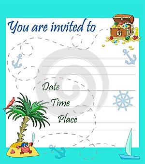 Invitation with a map to find a treasure chest with gold coins and jewels