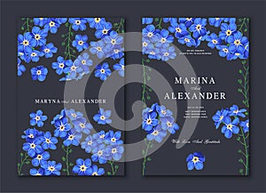 Floral trendy greeting or invitation design template with blue forget-me-nots.