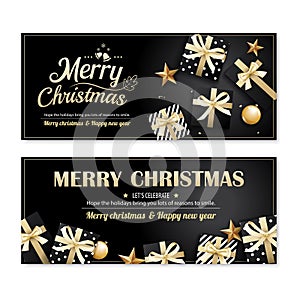 Invitation merry christmas poster banner and card design template on black background. Happy holiday and new year with gift boxes