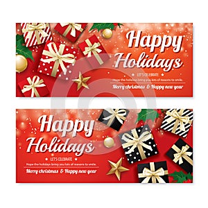 Invitation merry christmas poster banner and card design template on red background. Happy holiday and new year with gift boxes f