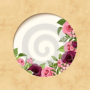 Invitation parchment card with red and pink roses. Vector eps-10.