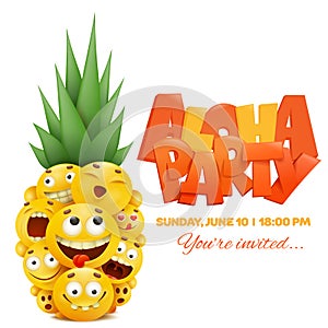 Invitation template card with yellow emoji cartoon smiley faces. Pineapple concept