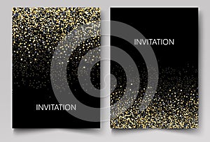 Invitation template with gold glitter confetti background. Festive greeting cards design for event