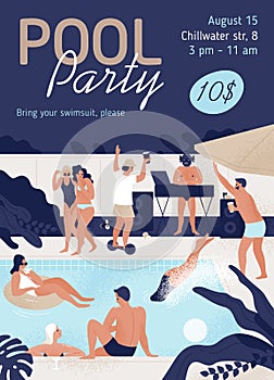 Invitation template of pool party with place for text vector flat illustration. Promo poster of open air entertainment