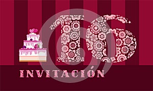 Invitation to the celebration, 16 years, berry cake, Spanish, vector