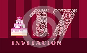 Invitation to the celebration, 17 years old, berry cake, Spanish, vector