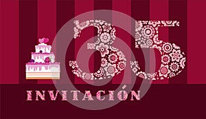 Invitation to the celebration, 35 years, berry cake, Spanish, vector.