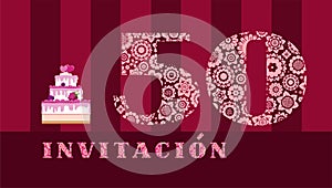 Invitation to the celebration, 50 years, berry cake, Spanish, vector.