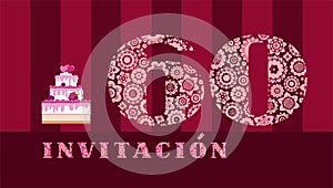 Invitation to the celebration, 60 years, berry cake, Spanish, vector