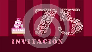 Invitation to the celebration, 75 years, berry cake, Spanish, vector.