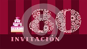 Invitation to the celebration, 80 years, berry cake, Spanish, vector.
