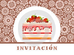 Invitation to celebration, strawberry cake, Spanish, brown, floral, vector