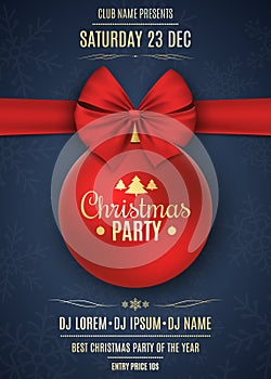 Invitation to a Christmas party. Red ball with red ribbon on a dark blue background with snowflakes. The names of the DJ