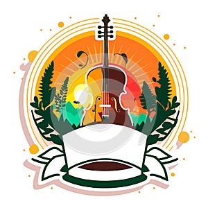 Invitation to a concert of garden classical music. Musical instruments, cello or violin. Cartoon vector illustration. label,
