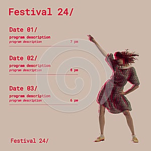 Invitation to dance festival, event program. Young woman dancing over light background with information text