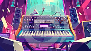 Invitation to a musical festival, concert event. Modern landing page with cartoon illustration of synthesizer keyboard