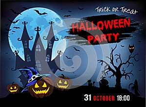 Invitation to a party Halloween, three pumpkins, illustration.