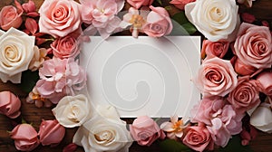 Invitation to Romance: Blank Card with Pink and White Roses. Generative AI