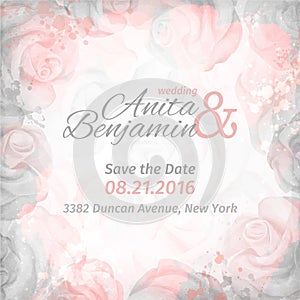 Invitation to the wedding. Abstract romantic rose background in pink and gray colors. Vector template