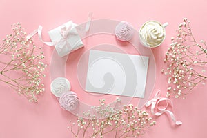 Invitation to a wedding or a greeting with the marriage, christenings in white pink colors with a space for text, flat lay. photo