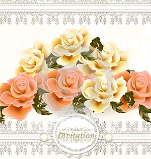 Invitation wedding card with beige and pink soft roses flowers