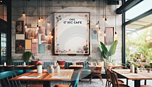 Invite Creativity! A Blank Canvas on a Rustic Wall in a Trendy CafÃÂ© as a Wall Art Mockup for Inspiration photo