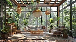 Inviting 3D sun-soaked room with botanicals, woven furniture, and tall windows for a harmonious nature connection. 3d