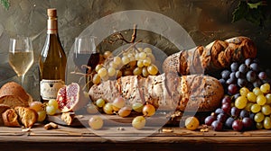 Inviting arrangement featuring bread, wine, grapes, and cheese on a rustic wooden table