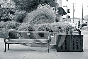 Main Street Bench with trash and recyle can close by in black & white photo