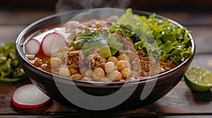 An inviting bowl of pozole is adorned with succulent pork, whole hominy, crisp radishes, and a garnish of fresh cilantro