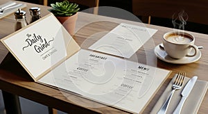 Cafe Table Setting with Open Menu and Steaming Latte