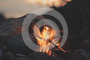 Inviting campfire on the beach during the summer