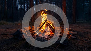 Inviting campfire at dusk with vibrant flames encircled by rocks, set against a backdrop of a dense pine forest, creating a cozy