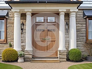 Inviting Charm: Wooden Front Door with Gabled Porch and Landing, Enhancing the Home\'s Entrance.