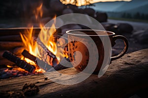 Inviting coffee in Norways wilderness, bathed in campfires golden light photo