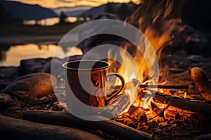 Inviting coffee in Norways wilderness, bathed in campfires golden light photo