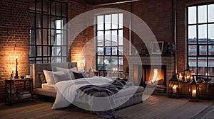 Inviting and cozy bedroom with brick wall, fireplace, and modern loft interior design concept